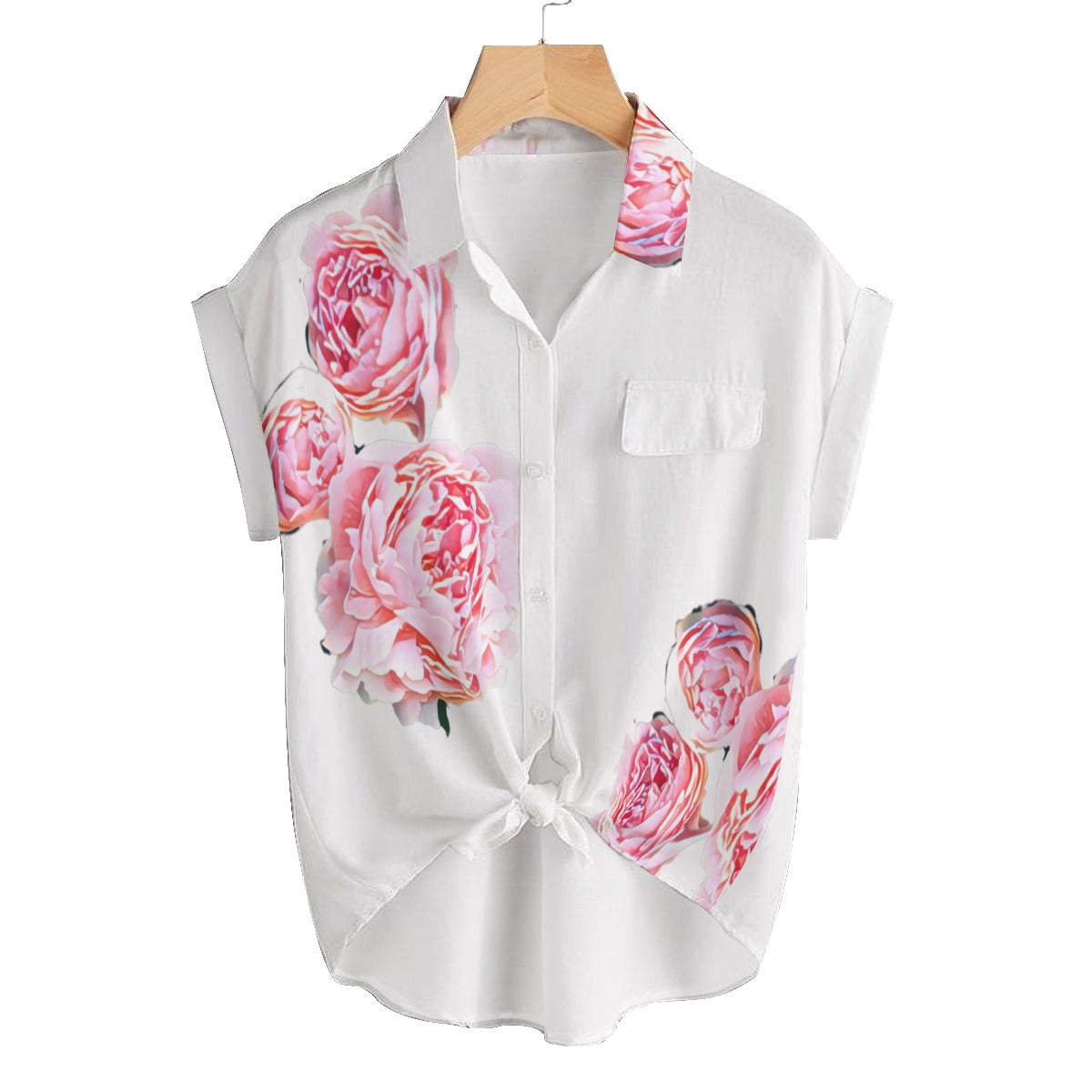 Pink Peony Floral Women's White Button Up Blouse