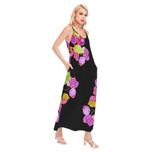 Load image into Gallery viewer, Hot Pink Bougainvillea Women&#39;s Long Black Sling Dress

