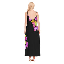 Load image into Gallery viewer, Hot Pink Bougainvillea Women&#39;s Long Black Sling Dress

