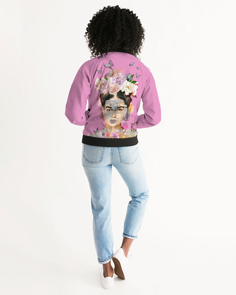 Oh My Frida! Floral Butterfly Collage Women's Mauve Pink Bomber Jacket