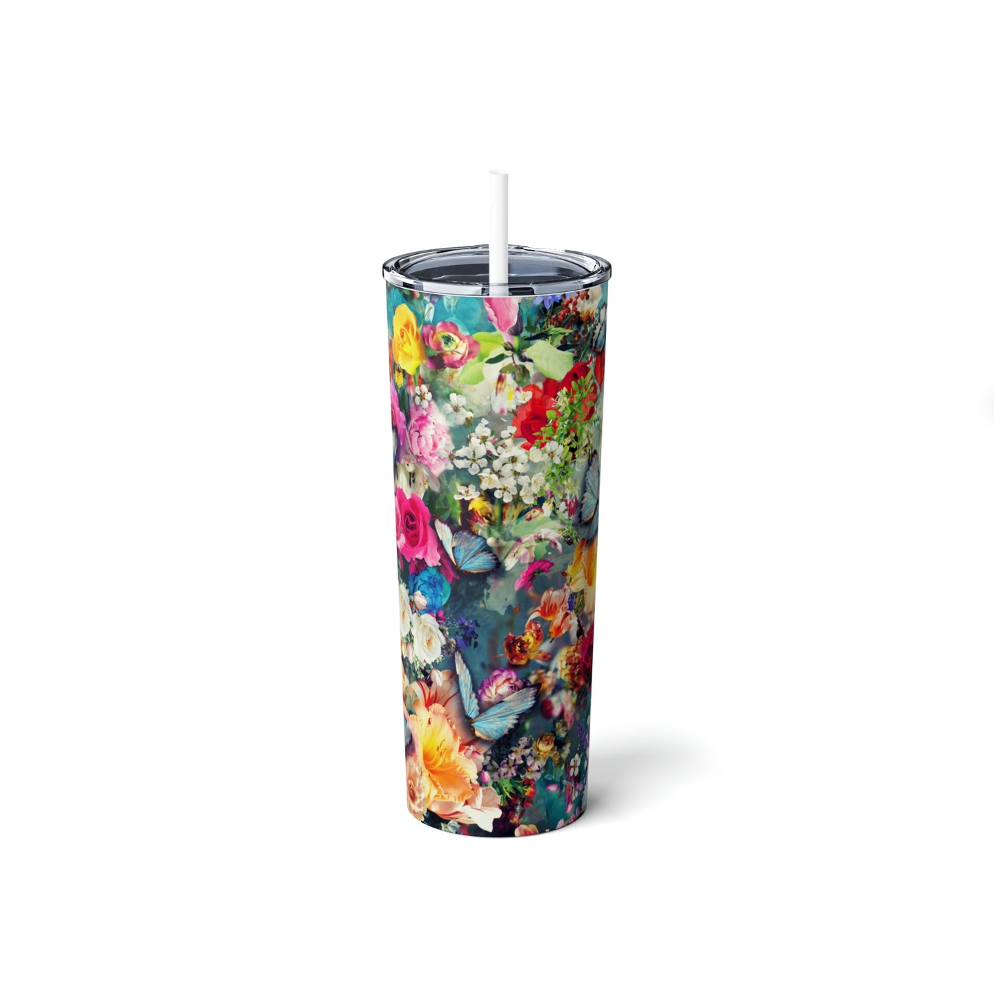 Floral Explosion Skinny Steel Tumbler with Straw, 20oz